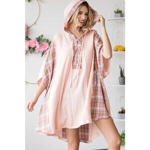 055 Oli & Hali Washed Plaid Mixed Hooded Oversized Tunic Top NEW One Size